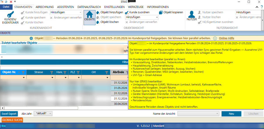 Gelber Online-Hinweisbalken mit aufgeklapptem Tooltip (Zuständigkeiten)