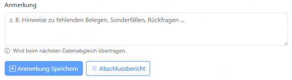 Anmerkungsfeld: Hinweistext, der beim nächsten Datenabgleich an ERAS übertragen wird